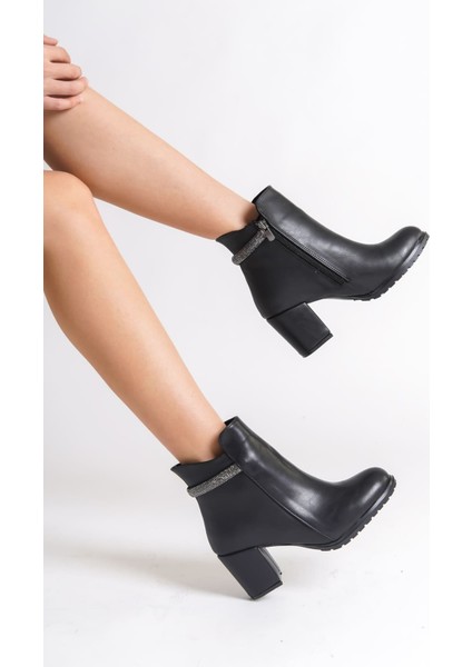 LIA Fermuarlı Ortopedik Taban Taşlı Topuklu Kadın Bot CST - Siyah