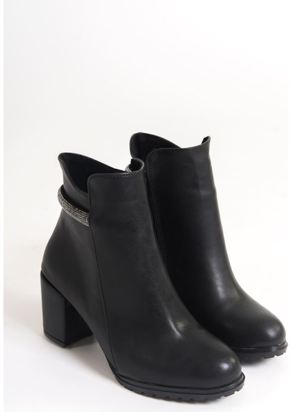 LIA Fermuarlı Ortopedik Taban Taşlı Topuklu Kadın Bot CST - Siyah