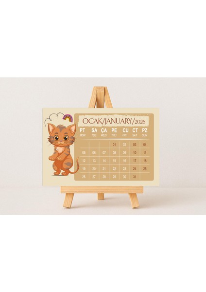 202610X15KEDİLİ-MİNİ Ahşap Şövale Masa Takvimi