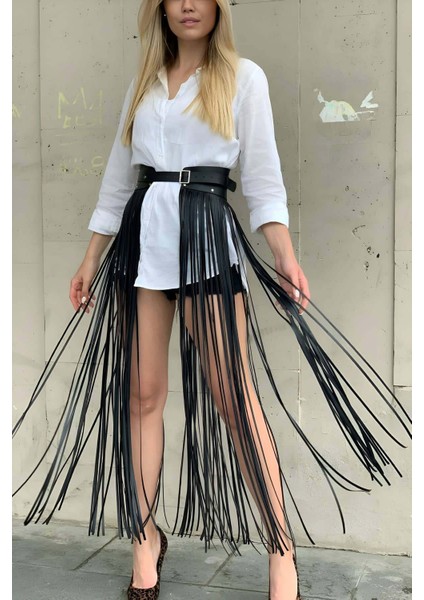 Yüksek Bel Şık Deri Püsküllü Seksi Etek - BRF1003