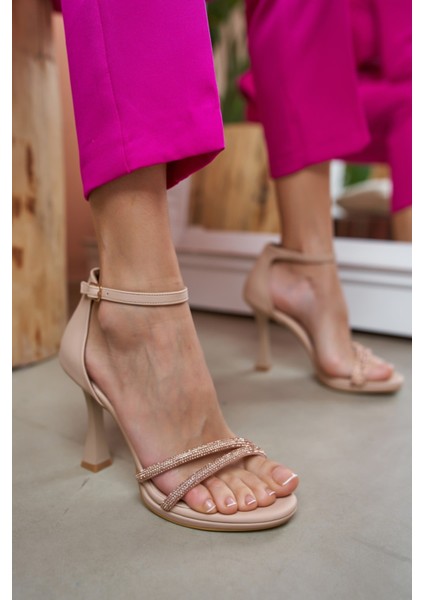 Kasia Kadın Bej Saten Taş Detay Topuklu Abiye Ayakkabi