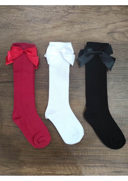 Kız Çocuk 3 Çift Aksesuarlı Fiyonklu Pamuklu Diz Altı Çorap