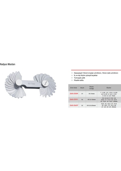Radyus Mastarı 17 Bıçak R1-7mm modelleri