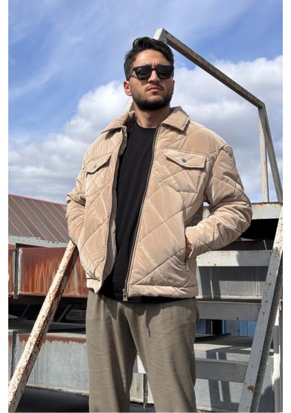 Gömlek Yaka, Oversize, Çift Cep Kapaklı, Baklava Desenli Kapitone Ceket 2504