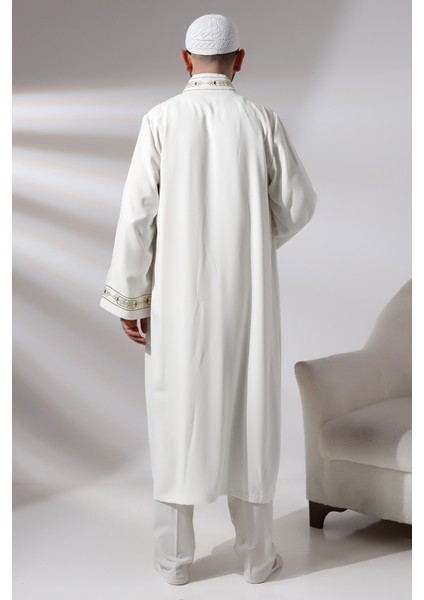 Beyaz Erkek Namaz Elbisesi Hakim Yaka Nakış Işlemeli Imam Cübbesi modelleri