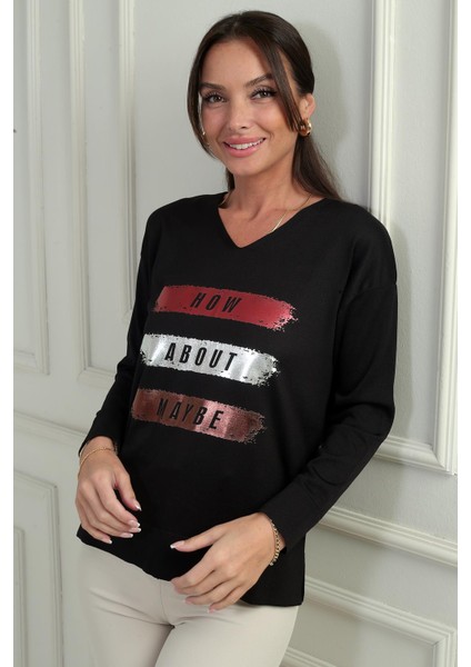 Kadın V Yaka Önü Yazı Baskılı Triko Bluz fiyatları