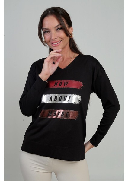 Kadın V Yaka Önü Yazı Baskılı Triko Bluz modelleri