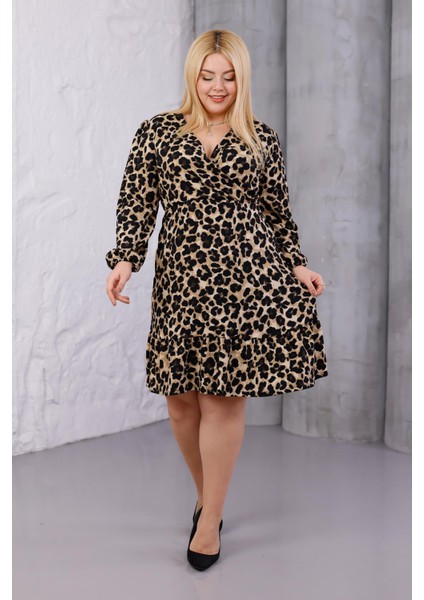 Kadın Kahve Leopar Desen Kruvaze Yaka Esnek Bel Büyük Beden Elbise