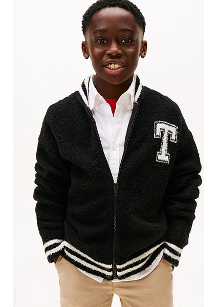 Erkek Çocuk Regular Fit Harf Aplikeli Şeritli Yaka Kolej Hırka - Siyah