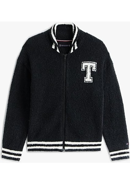 Erkek Çocuk Regular Fit Harf Aplikeli Şeritli Yaka Kolej Hırka - Siyah