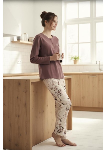 Gül Kurusu Uzun Kollu Çiçek Desenli Rahat Kadın Pijama Takımı