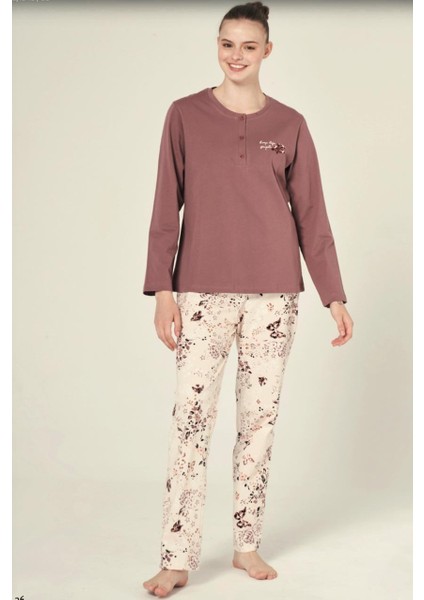 Gül Kurusu Uzun Kollu Çiçek Desenli Rahat Kadın Pijama Takımı fiyatları