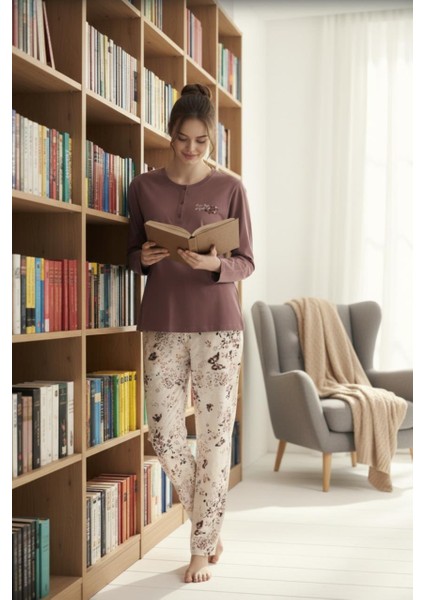 Gül Kurusu Uzun Kollu Çiçek Desenli Rahat Kadın Pijama Takımı modelleri