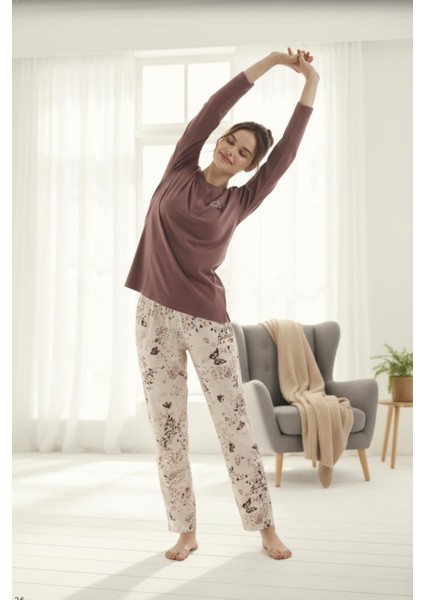 Gül Kurusu Uzun Kollu Çiçek Desenli Rahat Kadın Pijama Takımı indirimleri