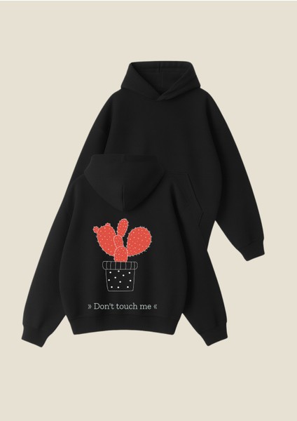 Kaktüs Baskılı Siyah Unisex Boxy Fit Hoodie Sweatshirt