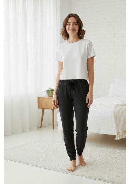 %100 Pamuk Süprem Kadın Pijama Altı Cepli Rahat Kalıp Manşet Paça Lastkli Ipli Terletmez Esnek Siyah