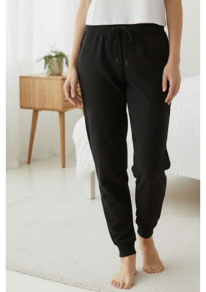 %100 Pamuk Süprem Kadın Pijama Altı Cepli Rahat Kalıp Manşet Paça Lastkli Ipli Terletmez Esnek Siyah fırsatları