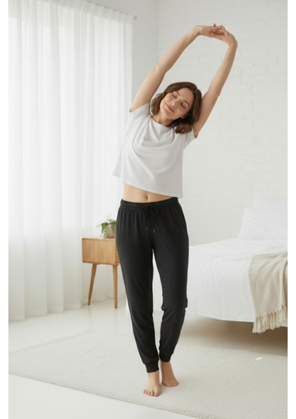 %100 Pamuk Süprem Kadın Pijama Altı Cepli Rahat Kalıp Manşet Paça Lastkli Ipli Terletmez Esnek Siyah indirimleri