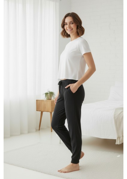 %100 Pamuk Süprem Kadın Pijama Altı Cepli Rahat Kalıp Manşet Paça Lastkli Ipli Terletmez Esnek Siyah