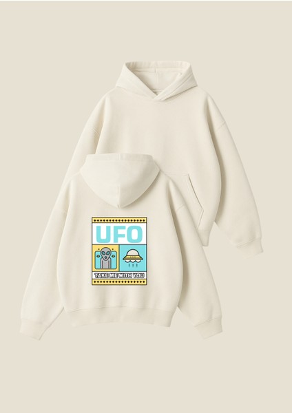 Ufo Baskılı Unisex Boxy Fit Hoodie Sweatshirt