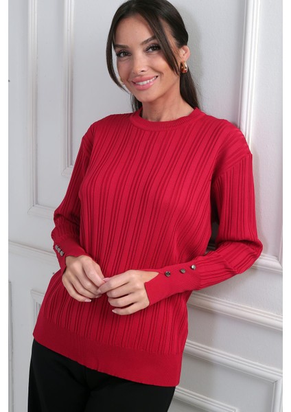 Kadın Kolları Düğmeli Fitilli Triko Bluz