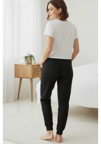 %100 Pamuk Süprem Kadın Pijama Altı Cepli Rahat Kalıp Manşet Paça Lastkli Ipli Terletmez Esnek Siyah