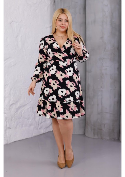 Kadın Siyah Pembe Çiçek Desen Kruvaze Yaka Esnek Bel Büyük Beden Elbise