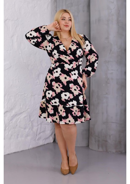 Kadın Siyah Pembe Çiçek Desen Kruvaze Yaka Esnek Bel Büyük Beden Elbise modelleri
