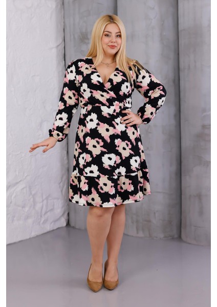Kadın Siyah Pembe Çiçek Desen Kruvaze Yaka Esnek Bel Büyük Beden Elbise fırsatları
