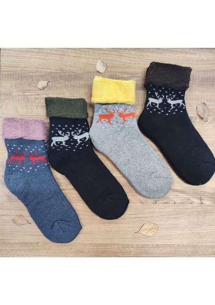 4 Çift Kadın Kıvrık Havlu Kışlık Çorap Desenli Pamuklu Çorap