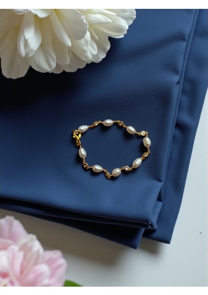 Gold Zincir Detaylı Sertifikalı Orijinal Arpa Inci Bileklik 18 cm