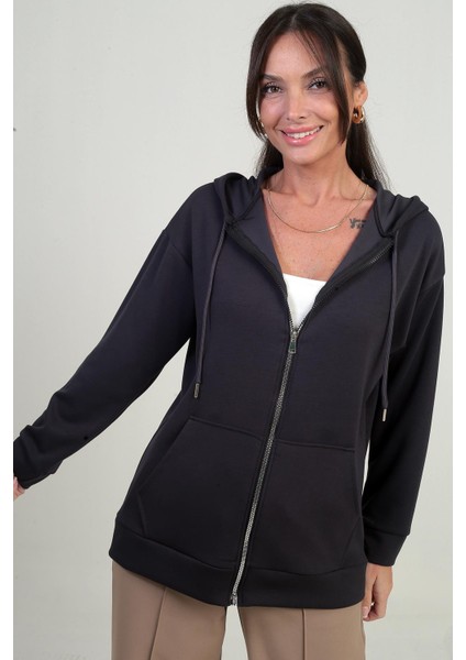 Kadın Kapüşonlu Kanguru Cepli Önü Fermuarlı Osyho Hırka