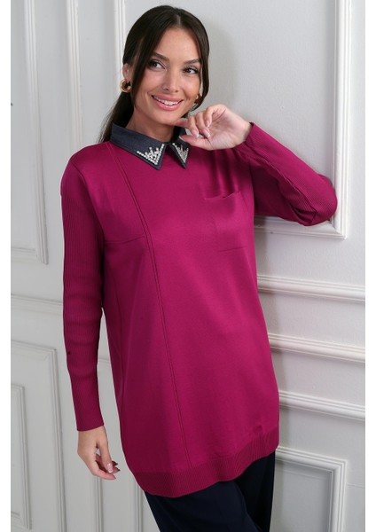 Kadın Taşlı Gömlek Yaka Tunik Triko Bluz