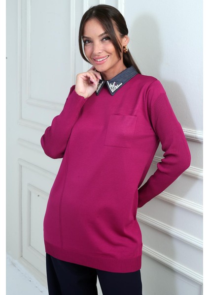 Kadın Taşlı Gömlek Yaka Tunik Triko Bluz fiyatları