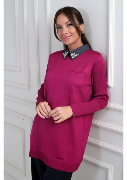 Kadın Taşlı Gömlek Yaka Tunik Triko Bluz modelleri