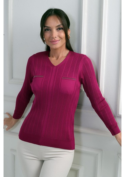 Kadın V Yaka Taş Baskı Detaylı Fitilli Triko Bluz modelleri