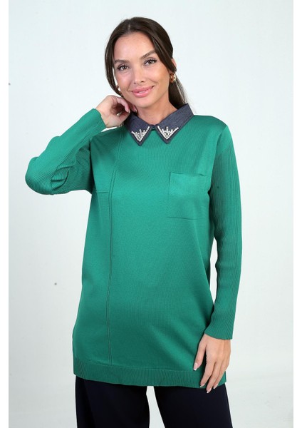 Kadın Taşlı Gömlek Yaka Tunik Triko Bluz modelleri