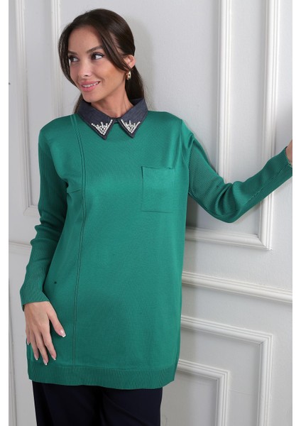 Kadın Taşlı Gömlek Yaka Tunik Triko Bluz fiyatları