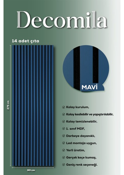 Mdf Ahşap Akustik Duvar Paneli 60X275 cm - Mavi
