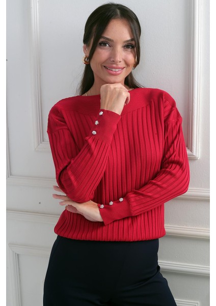 Kadın Kol Düğme Detaylı Fitilli Triko Bluz