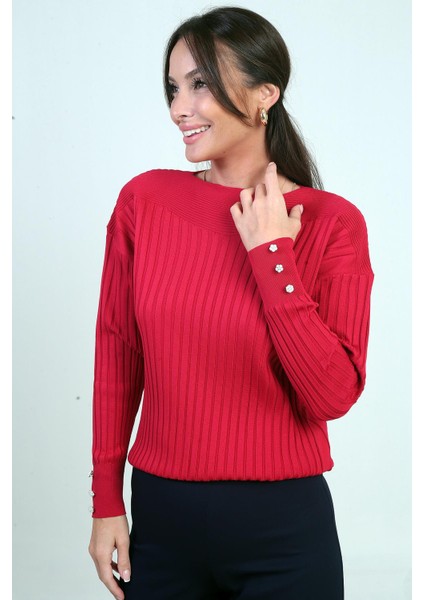 Kadın Kol Düğme Detaylı Fitilli Triko Bluz modelleri