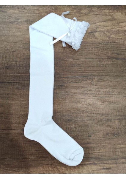 Kadın Diz Üstü Dantelli Fiyonklu Uzun Çorap Pamuklu Penye