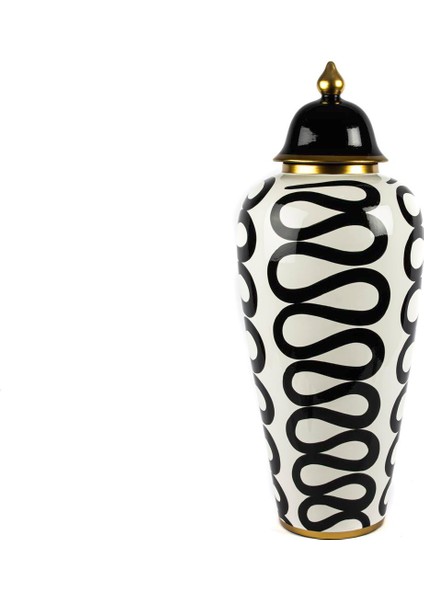Beyaz Siyah Desenli Küp Kapaklı Vazo 25X61CM