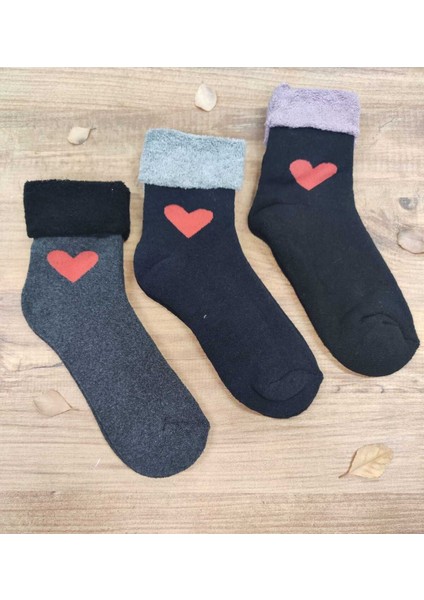 3 Çift Kadın Kıvrık Havlu Kışlık Çorap Desenli Pamuklu Çorap