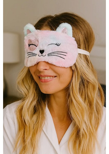 Sevimli Kedi Pembiş Peluş Uyku Maskesi Uyku Bandı Göz Bandı