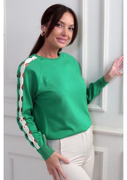 Kadın Kolu Şerit Dekolteli Triko Bluz