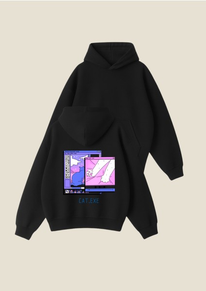 Cat.exe Baskılı Siyah Unisex Boxy Fit Hoodie Sweatshirt