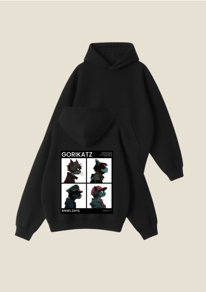 Catgang Baskılı Siyah Unisex Boxy Fit Hoodie Sweatshirt