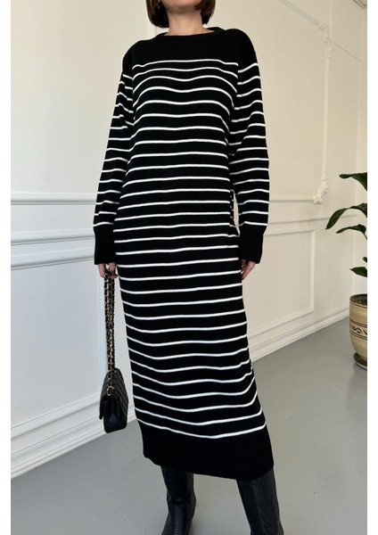 Orijinal Marka Çizgili Triko Elbise- Siyah
