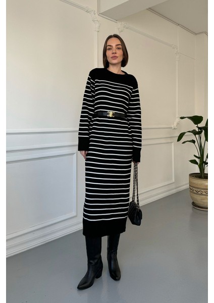 Orijinal Marka Çizgili Triko Elbise- Siyah